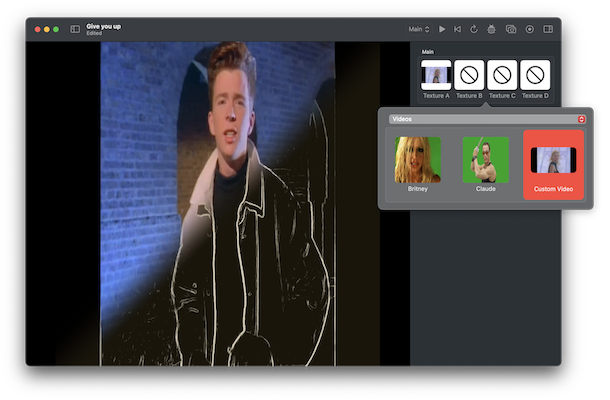 A screenshot of the Tin Toy app, on macOS, showing a popover where custom textures can be selected; in this case a Rick Astley music video