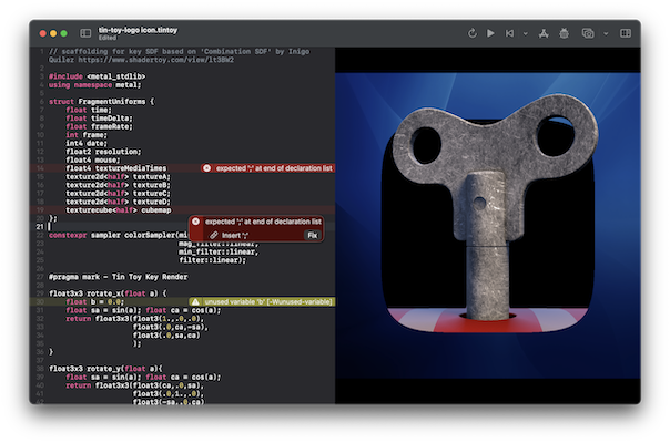 A screenshot of the Tin Toy app, on macOS, showing the editor with errors and a suggestion for automatically fixing a common issue