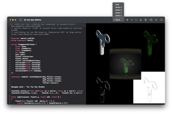 A screenshot of the Tin Toy app, on macOS, set to show the outputs of the all buffer stages at once and with the menu to select the current view open and showing all options; in this case the main buffer, all 4 intermediate buffers, and the mixed option which is selected