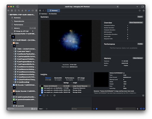 A screenshot of an Xcode window showing the debugging of a Metal frame captured from the Tin Toy app